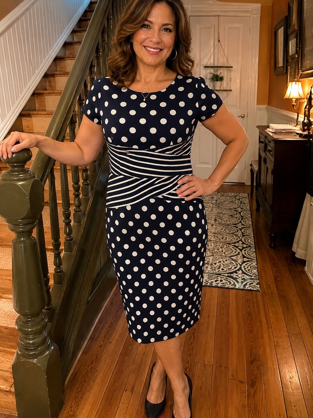 Shelby & Palmer Polka Dot Midi Dress with Striped Waist Detail - Picture 11 of 11